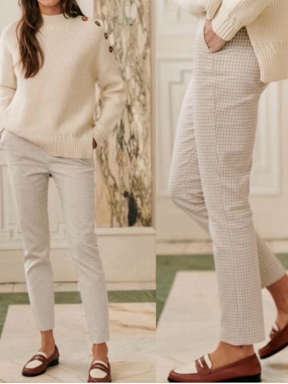 Sézane Clara Trousers Beige Houndstooth Jacquard US 14/EU 46 Ankle Stretch Pants